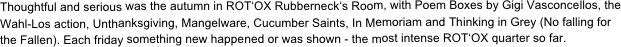 Thoughtful and serious was the autumn in ROT‘OX Rubberneck‘s Room, with Poem Boxes by Gigi Vasconcellos, the Wahl-Los action, Unthanksgiving, Mangelware, Cucumber Saints, In Memoriam and Thinking in Grey (No falling for the Fallen). Each friday something new happened or was shown - the most intense ROT‘OX quarter so far.